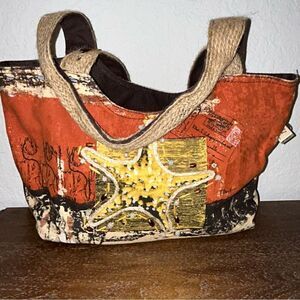 Paul Brent Starfish Print Embellished Canvas Shoulder Purse Bag